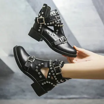 

Europe And The United States Spring And Autumn New Round Head Fashion Rivet Belt Buckle Martin Boots Thick Heel Women's Shoes