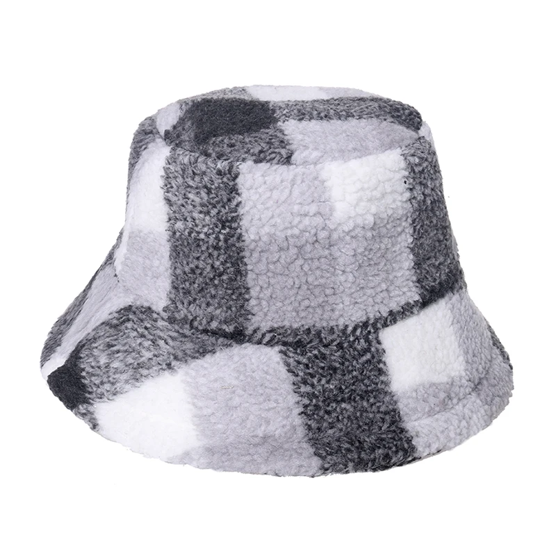 FOXMOTHER Fashion Outdoor Bob Warm Lamb Faux Fur Fluffy Fishing Caps Mens Women Winter Check Tartan Plaid Bucket Hats Ladies 2
