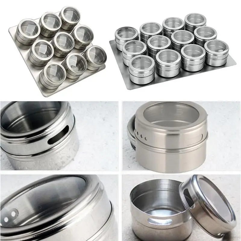 Magnetic Spice Jars Set Stainless Steel Salt and Pepper Shakers Spice Rack Seasoning Box Condiment Container
