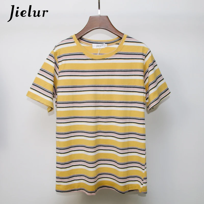 

Jielur Crop Top Female Harajuku Yellow Short Sleeve Kpop Style T Shirt Women Striped Cotton High Quality Summer BF Tshirt Mujer