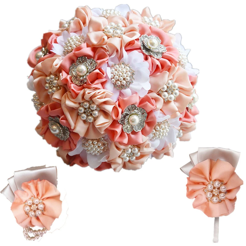 Pink White Set Розовый Свадебный букет Искусственный кристалл свадебные букеты бутоньерка для жениха подружки невесты на запястье цветок корсаж браслет набор - Цвет: Pink White Set