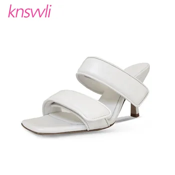 

High Heels Slippers Woman Genuine Leather One Strap Hook Runway Shoes Woman Square Toe Stiletto Sandals Women Summer Mules