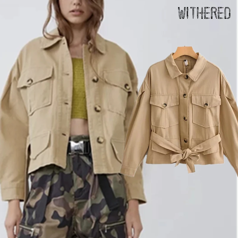 

Withered 2019 winter cargo jacket women england vintage sashes big pokets oversize casaco feminino jaqueta feminina jacket tops