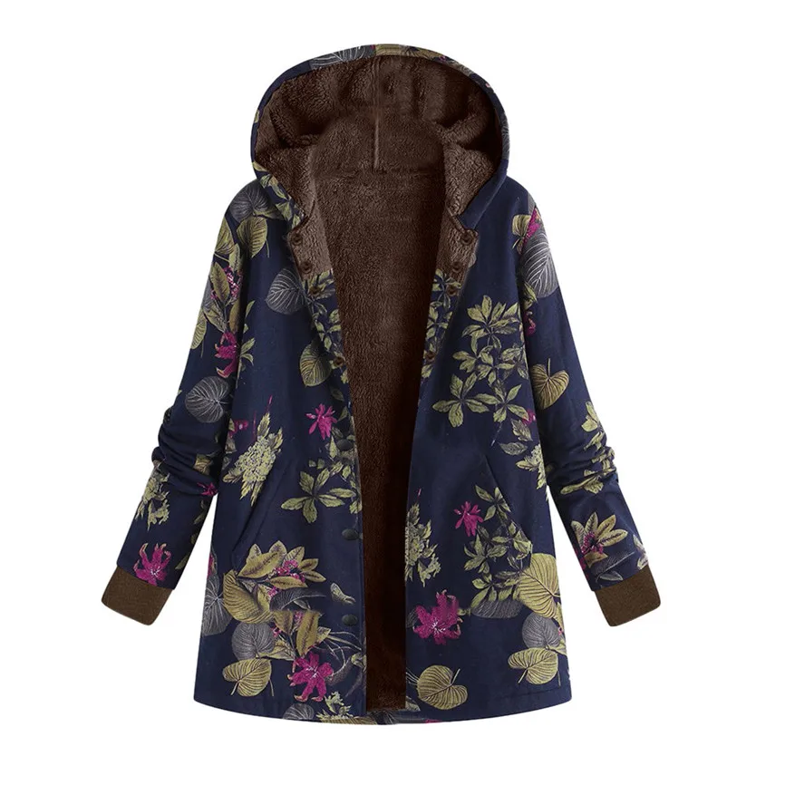 Женское пальто, зимняя теплая верхняя одежда, цветочный принт, с капюшоном, с карманами, винтажный стиль, женские пальто, женская повседневная верхняя одежда, большие размеры