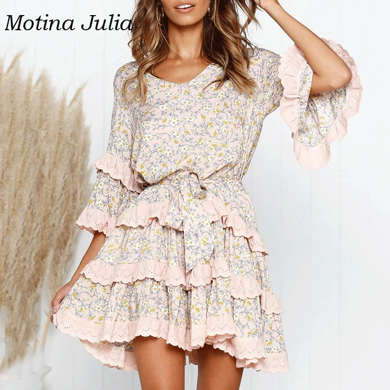 

Motina Julia floral print lace detail dress women layer ruffle mini dress 2019 party boho dress female vestidos