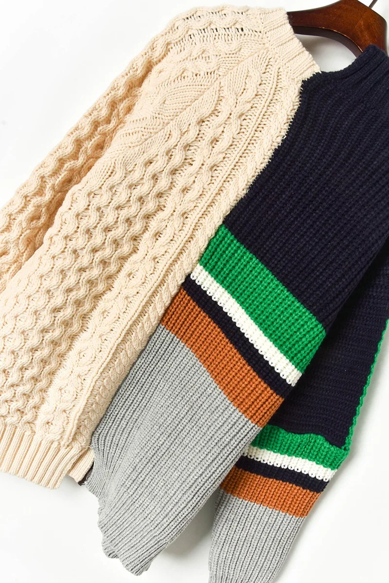 Women Hit Color Oversized Sweater Coat Patchwork Cardigan Autumn Winter Thick Knitted Coat Single Breasted Cardigan P-164
