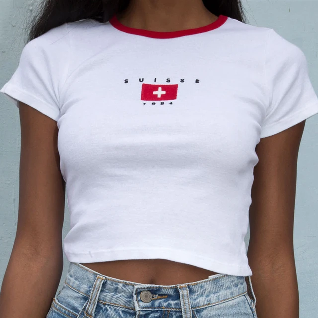 Swiss Embroidery Super Chic White Shirts Women Skinny Cotton Shirts High College Girls Streetwear New Summer Crop Tops - T-shirts -