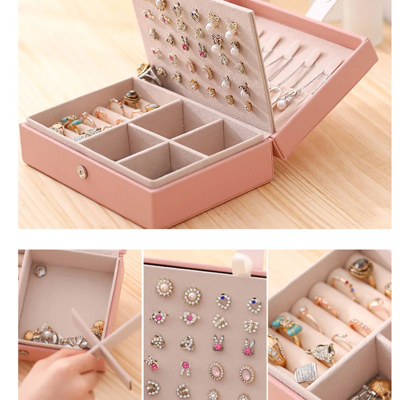 Small Square Earrings Simple JewelryTravel Box Female Portable Princess European Style Earrings Ring Hand Jewelry Storage Box