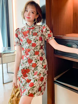 

Fashion Chinese Stand Collar Button Water Drop Hollow Nail Bead Embroidered Cheongsam Dress Women's 2020 Early Autumn New