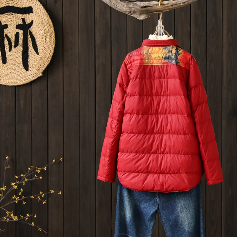 Autumn retro style white duck down coat female light style printed warm down coats soft fluffy down jacket parkas F335