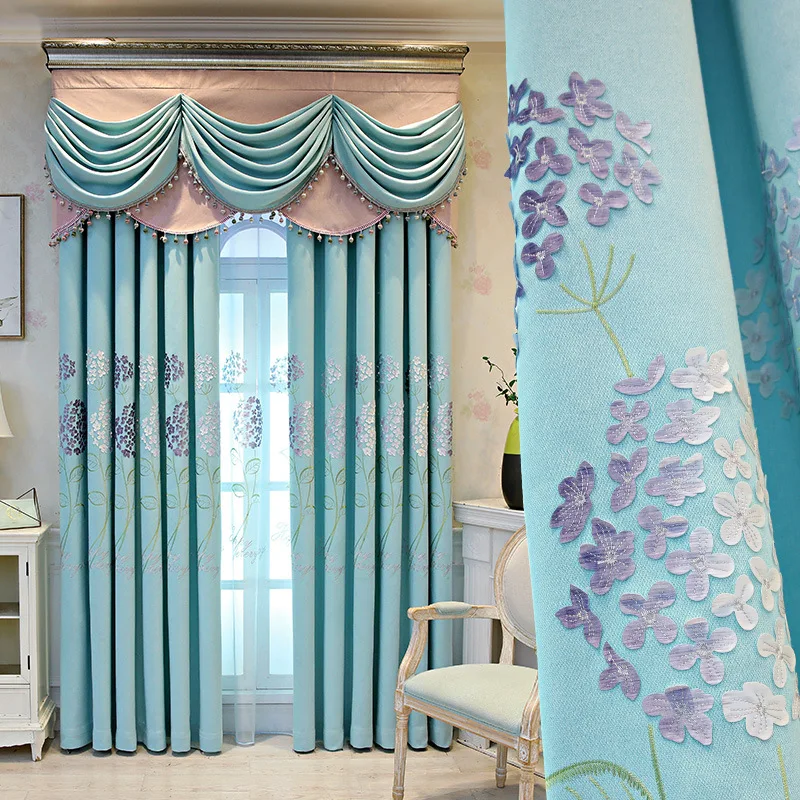 

Custom curtains Nordic window blue Relief embroidered bedroom cotton cloth blackout curtain tulle valance drape M813