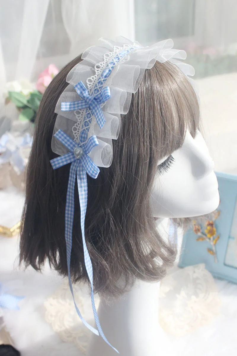 Hairband Японский ручной работы Алиса каваи Лолита обруч для волос милый зажим для волос головной убор синий плед боковая заколка для волос украшения для волос Косплей - Цвет: Hairband