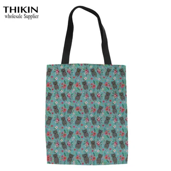 

THIKIN Floral Yorkshire Terrier Pug Dog Print Girls Shoulder Bag Women Linen Handbags Reusable Shopping Bag Canvas Tote Handbags