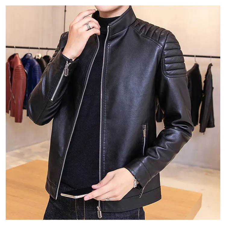 Autumn PU Leather Men's Casual Long Sleeve Stand Collar Zipper Jacket Men Youth Slim Fit Coat Men'S Wear