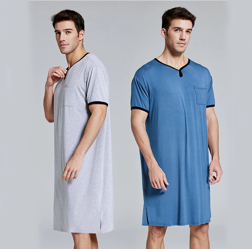 2020 New Men Sleep Robes Short Sleeve Solid Pajamas Pockets Loose Cozy ...