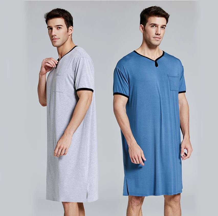 2020 New Men Sleep Robes Short Sleeve Solid Pajamas Pockets Loose Cozy