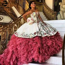 Милое Белое и красное Пышное Платье с вышивкой бальное платье с оборками из органзы милое 16 платье Vestidos De 15 Anos