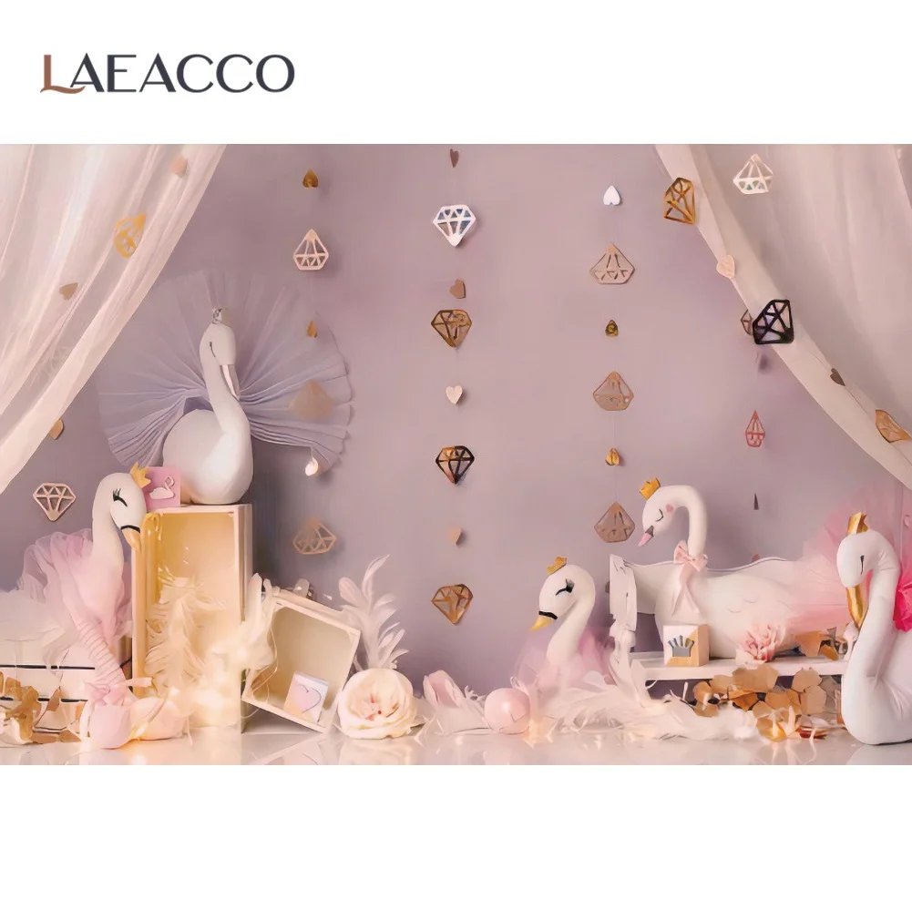 Laeacco Pink Curtain Swan Pendant Party Decor Fiori Stage Child Baby Ritratto Foto Sfondo Sfondo Fotografico Photocall