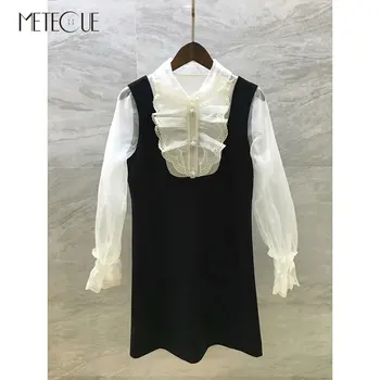 

White Lace Patched Black Dress with Beading Buttons 2019 Pre Fall Fashion Long Sleeve Short Dress 2019 Autumn Winter