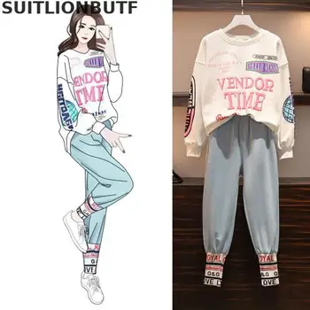 

Plus Size 2019 New Fashion Tracksuit Women Letter Print Long Sleeve Pullover Outfit Elastic Waist Slim Pants Hip Hop 2 Piece Set