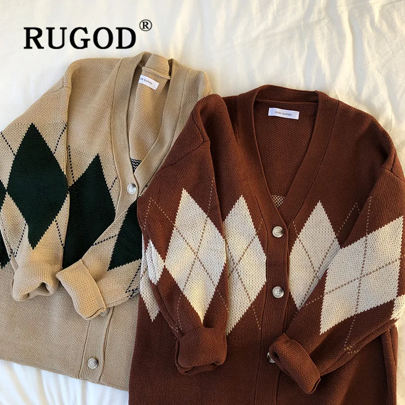 RUGOD new autumn vintage plaid pattern sweater cardigans for women v neck single breasted loose knitted coat korean chic |