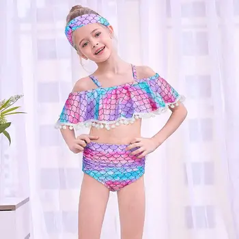 

Summer Mermaid Split Swimsuits Ruffle Sleeve Headband for Baby Girls Bathing Girl Bikini Suits Children Beach Swimwear Bodysuit