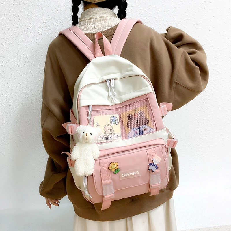 Hot Sale Waterproof Backpack Schoolbags Harajuku Women Cute Couples Patchwork Retro Preppy Ins r0QK3e8jBEE