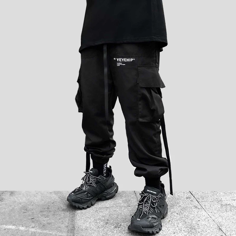 2019-Men-Streetwear-Hip-Hop-Black-Cargo-Pants-Pockets-Harajuku-Harem-Pants-Swag-Ribbon-Joggers-Pants