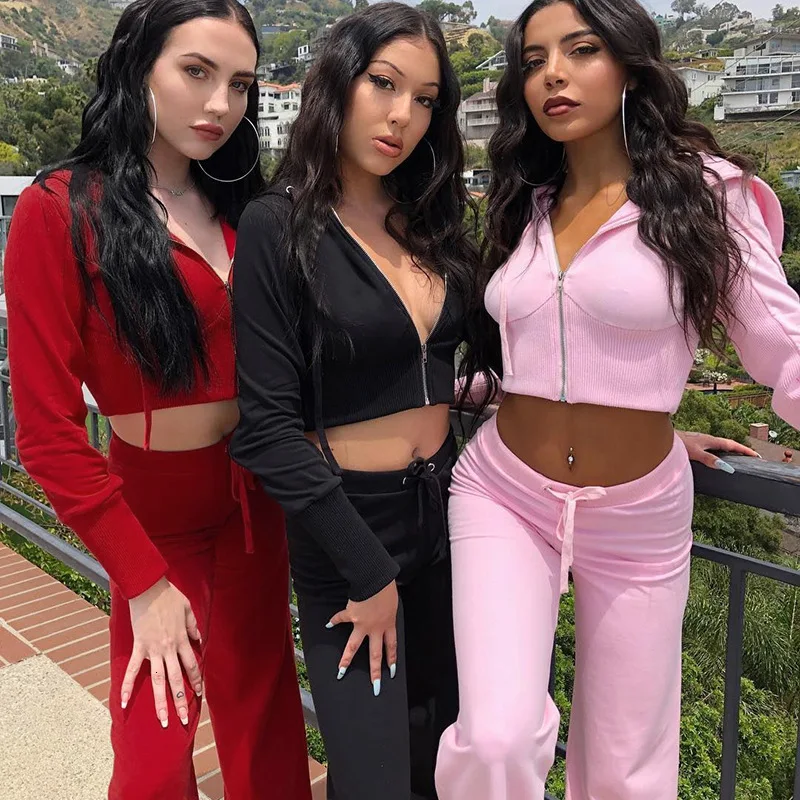 

Liannuo Women 2-Pieces Set Zip-up Hoodies Drawstring Crop Jacket And Wide Leg Pant Elastic Slim Solid Casual Streetwear Set