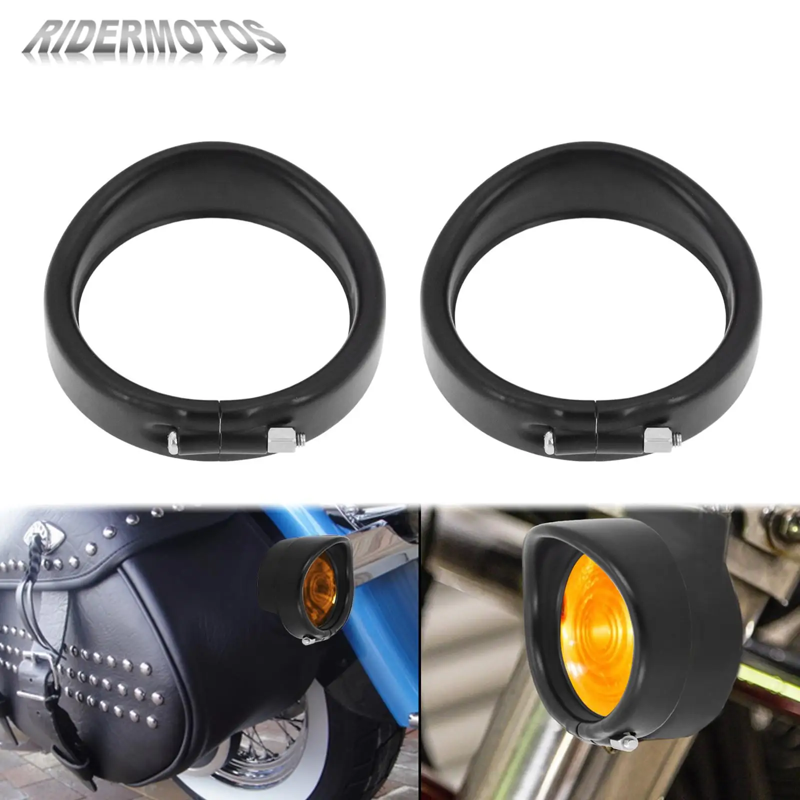 

Motorcycle 2Pcs Black Visor Style Turn Signal Trim Ring W/ Rubber Rings For Harley Softail Classic FLSTC Touring Road King FLHR
