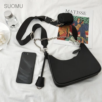 

Women silver chains baguette bag shoulder messenger bag ladies 2020 spring summer new crossbody bag black red pink