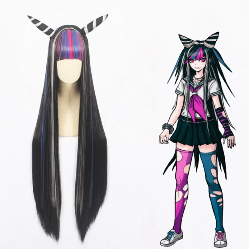 Anime Cosplay Wigs for Ibuki Mioda Costume Wig Girls Long Black Cute Synthetic Wigs for Danganronpa Party Halloween AD017BK 