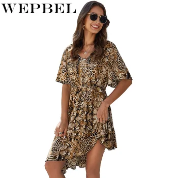 

WEPBEL Women Snake Leapard Print Casual V Neck Dress Fashion Sexy New Spring Summer Mini Dresses