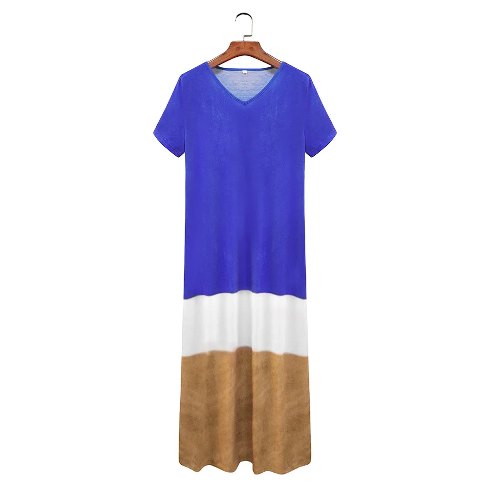 Boho Chic Plus Size Maxi Long Dress Women Casual Loose Color Block Dress Patchwork Short Sleeve Beach Summer Dresses Women