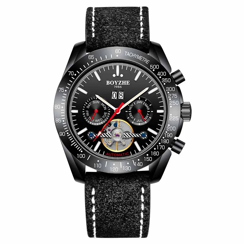 Мужские механические часы BOYZHE automatic Tourbillon Reloj Hombre, роскошные Брендовые мужские часы, светящиеся спортивные часы с кожаным ремнем Homme - Цвет: Черный