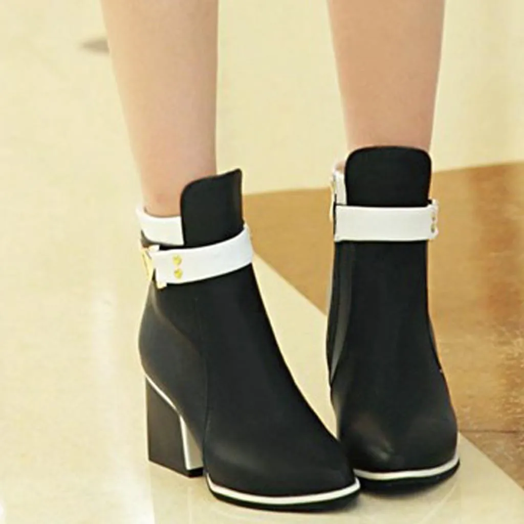 

2019 Winter Women's Boots Med Square Heel Pointed Toe Shoes Ladies Zipper Buckle Booties Thick Heel Mixed Color Leather Shoes
