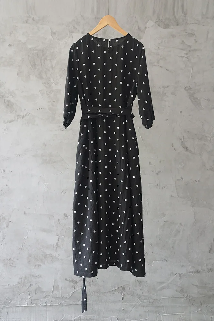 Casual New Summer Dress Three Quarter Sleeve Mid-calf Length Loose Sashes O-neck Dot Vintage Linen Women Dress