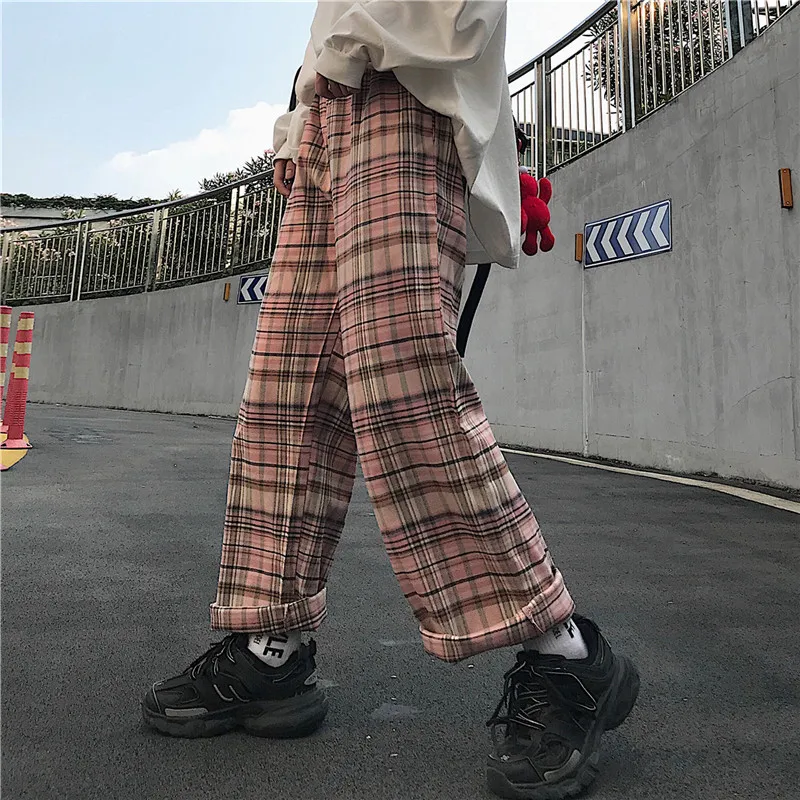 Harajuku клетчатые осенние тонкие свободные брюки женские розовые длинные уличная