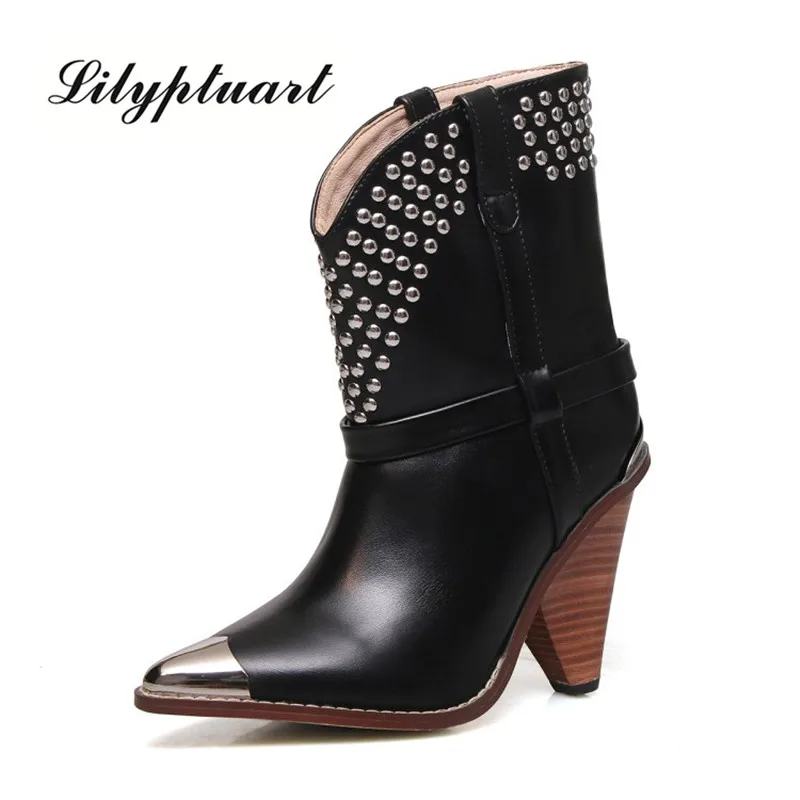 

2019 autumn and winter high-heeled pointed booties fashion Europe and America rivets iron head with ladies riding boots