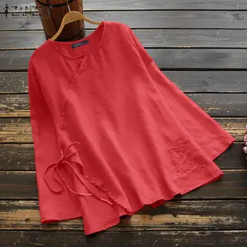 

ZANZEA Women Long Sleeve Lace Up Shirt Vintage Embroidery Tops Spring Cotton Linen Blouse Casual Blusas Tunic Solid Chemise Robe