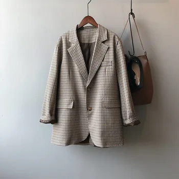 

Spring Plaid Blazer Jacket Women Fashion Retro Buttons Lattice Suit Jacket Causal Office Jacket Blazer Lady Work Coats