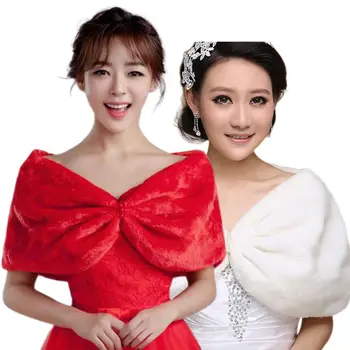 

Womens Winter Plush Sexy Off Shoulder Shawl Wraps Pleated Knot Front Bridal Wedding Warm Shrug Cape with Imitation Pearl Buckle
