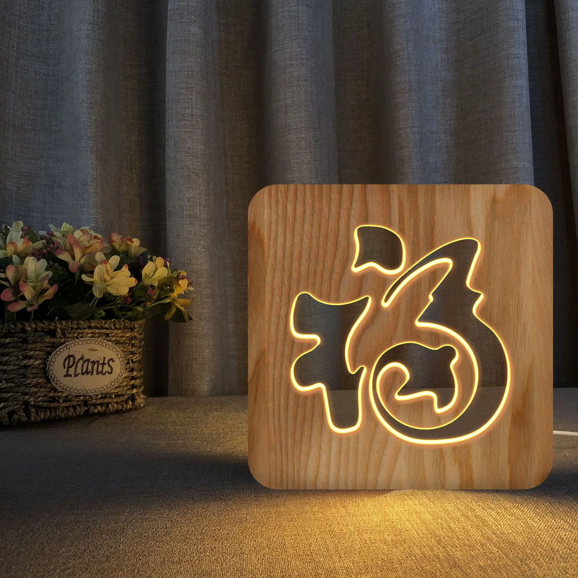 

Chinese Blessing Nordic Creative Table Lamp Solid Wood Hollow Night Light Holiday Decorations for Home