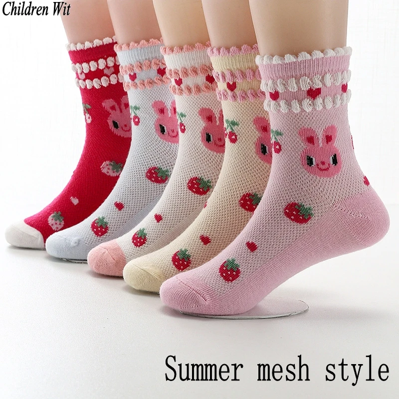 Calcetines de algodón para niñas, calcetín de conejito de encaje de malla respirable para niños, de 3 a 12 años, 5 par/lote, novedad de primavera y verano de 2020