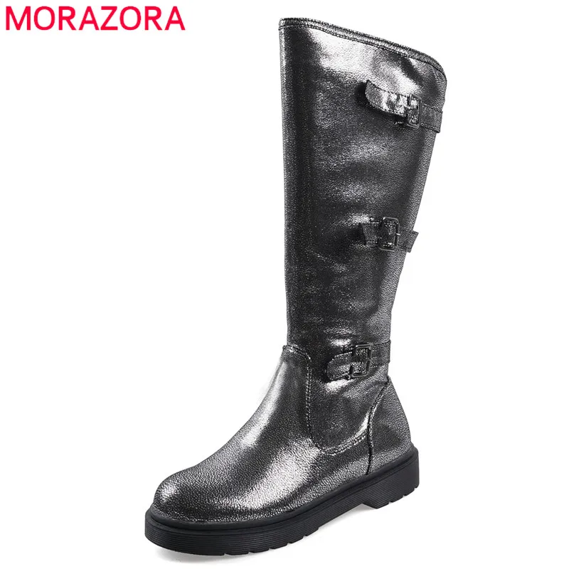 MORAZORA/ г., Новое поступление, женские сапоги до колена осенне-зимние сапоги на молнии с пряжкой удобная модная женская повседневная обувь на низком каблуке