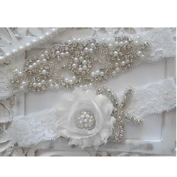 

Wedding Garter Bridal Pearl Shabby Flower Crystal Rhinestone Lace Garter with bow