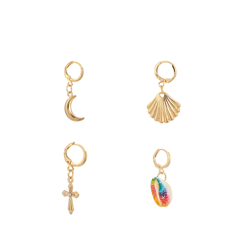 

HuaTang 4pscs/Set Gold Star Moon Shell Cross Boho Ear Clip Earrings for Women Earrings Set Beach Outfits Jewelry Oorbellen