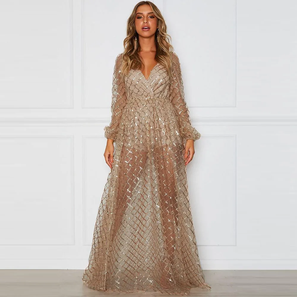 Apricot Dress SEBOWEL/серебристое/абрикосовое Сверкающее платье в клетку, Прозрачное платье макси, женские вечерние элегантные платья с открытой спиной и блестками - Цвет: Apricot Dress