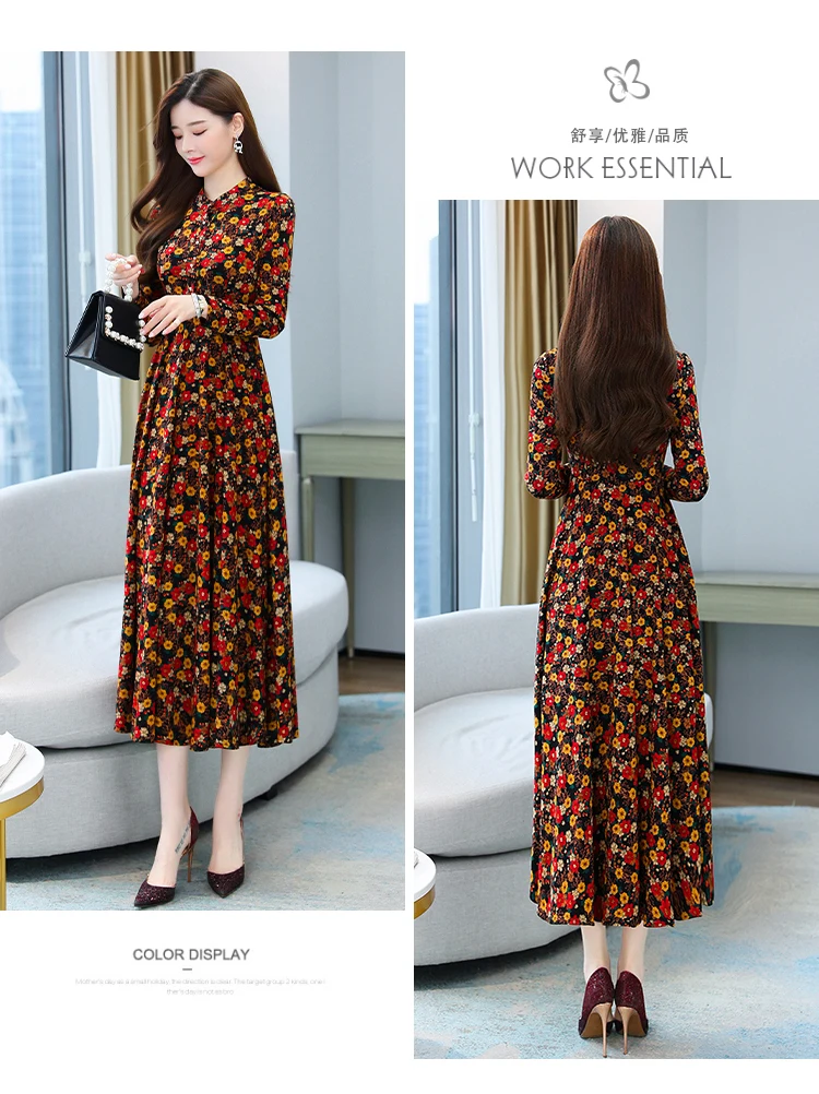 2021 Autumn New Arrival Hot Sale Stand Collar Flower Printed Long Sleeve Knitting Cotton A-LINE  Mid-Calf  Long Dress