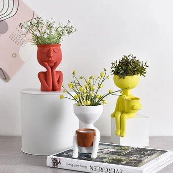 

Humanoid Ceramic Flower Pot Character Sitting Posture Sculpture Vase Desktop Flower Arrangement Container Couple Gift Ornaments